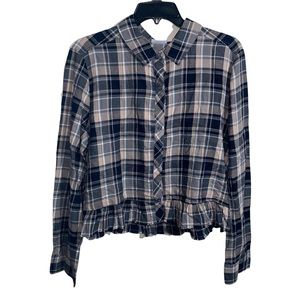 Abound Plaid Ruffle Hem Blouse Size Large Black Tan